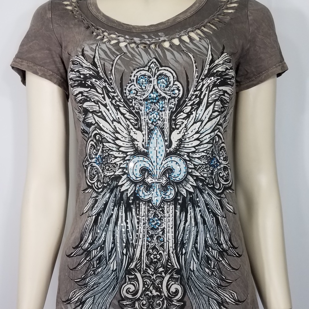 Cotty On gray jeweled Fleur De Lis braided collar babydoll tee ladies Small